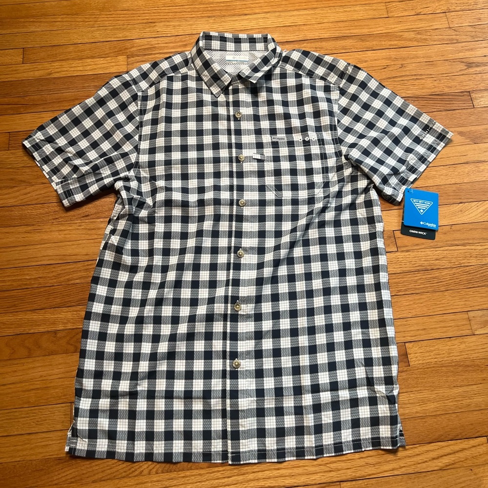 Columbia Men’s Navy and White Plaid Short Sleeve Button-Up Polo